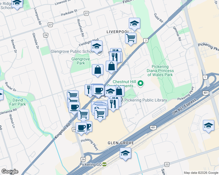 map of restaurants, bars, coffee shops, grocery stores, and more near 1000 The Esplanade North in Pickering