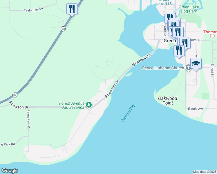 map of restaurants, bars, coffee shops, grocery stores, and more near 414 White Oaks Court in Green Lake