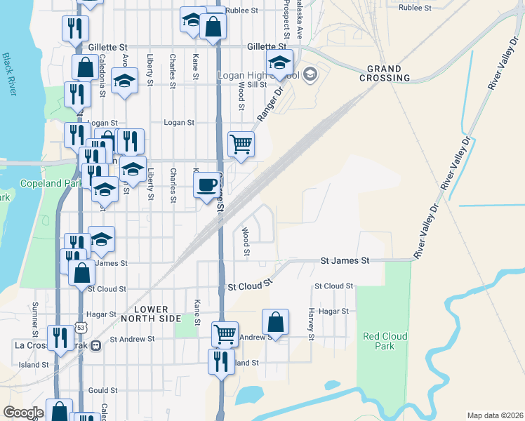 map of restaurants, bars, coffee shops, grocery stores, and more near 1406 Winneshiek Road in La Crosse