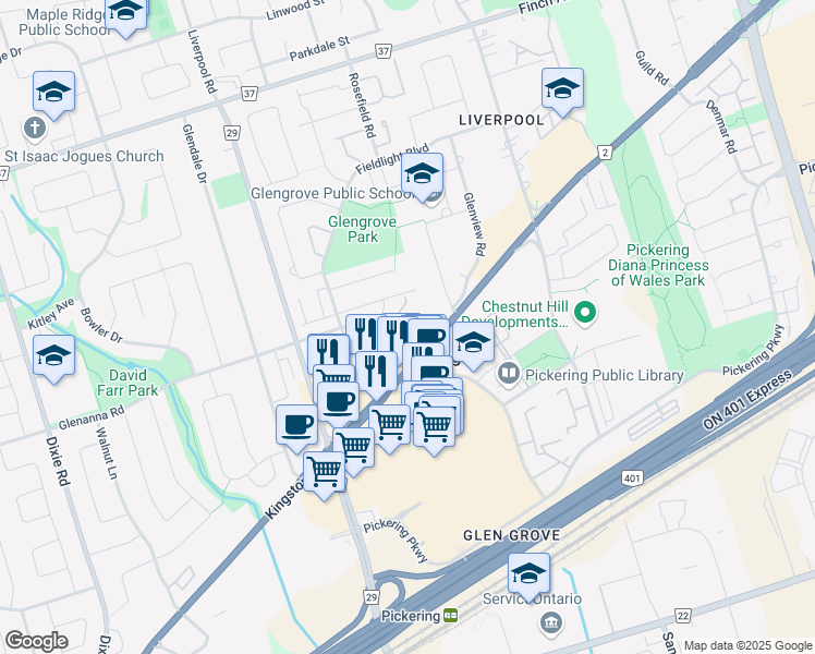 map of restaurants, bars, coffee shops, grocery stores, and more near 1360 Glenanna Road in Pickering