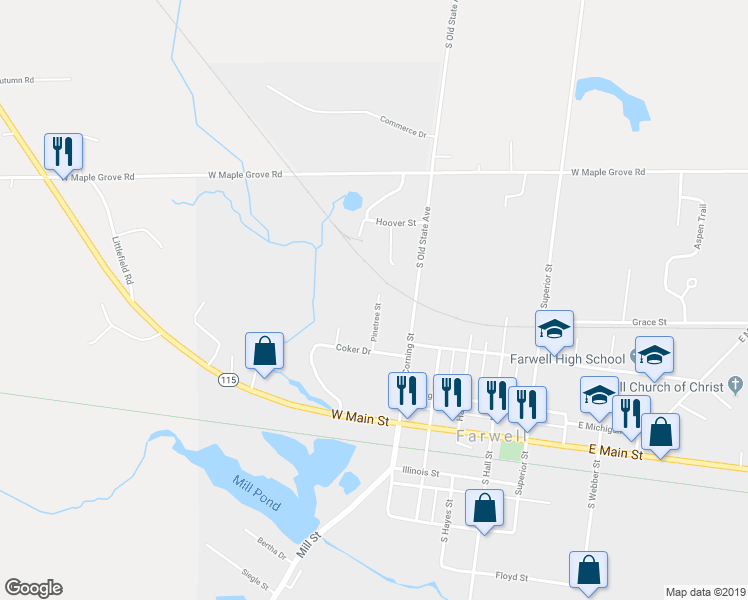 map of restaurants, bars, coffee shops, grocery stores, and more near 315 Pine Tree Drive in Farwell