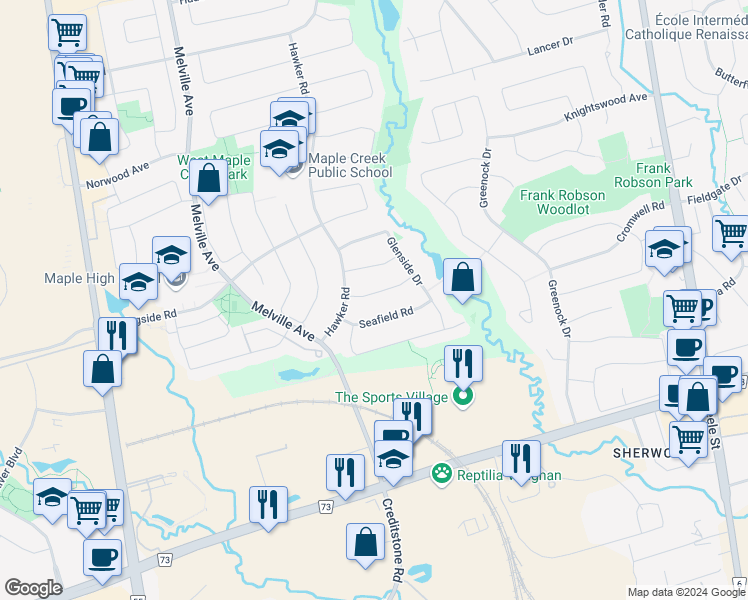 map of restaurants, bars, coffee shops, grocery stores, and more near 49 Muirside Road in Vaughan