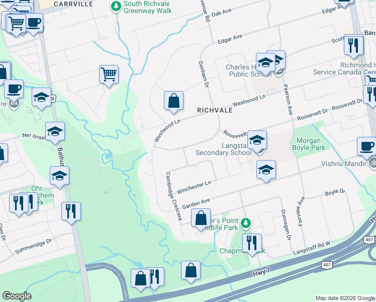 map of restaurants, bars, coffee shops, grocery stores, and more near 17 Denham Drive in Richmond Hill