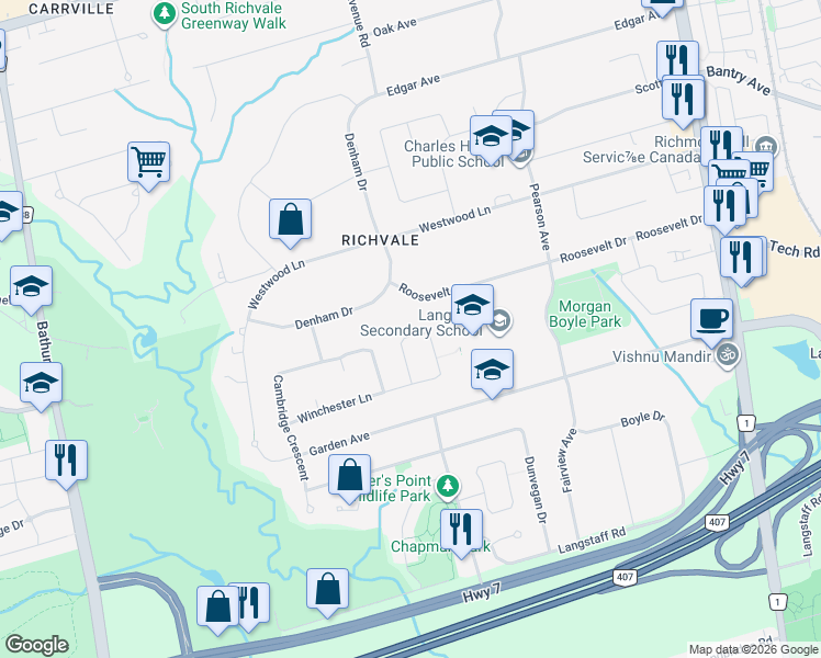 map of restaurants, bars, coffee shops, grocery stores, and more near 92 Windermere Crescent in Richmond Hill