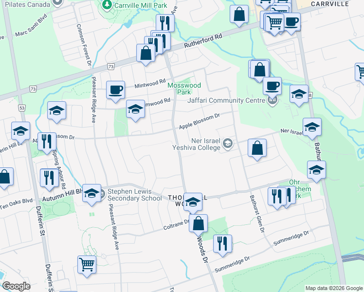 map of restaurants, bars, coffee shops, grocery stores, and more near 503 Thornhill Woods Drive in Vaughan
