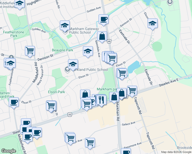 map of restaurants, bars, coffee shops, grocery stores, and more near 44 Beulah Drive in Markham