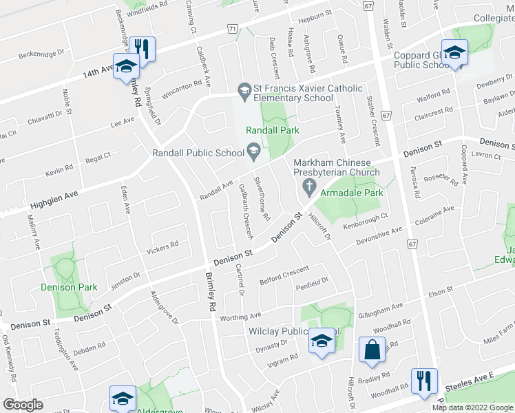 map of restaurants, bars, coffee shops, grocery stores, and more near 18 Silverthorne Road in Markham