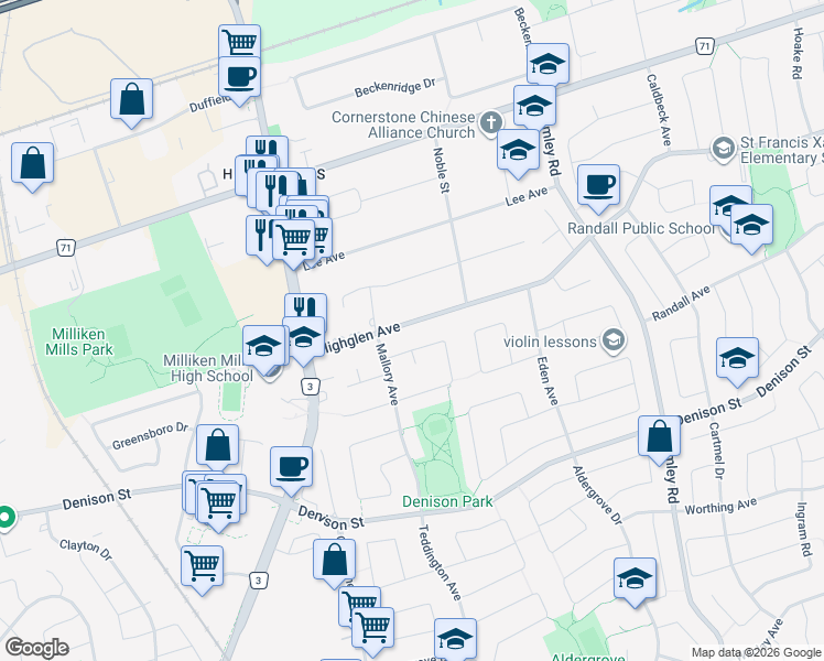 map of restaurants, bars, coffee shops, grocery stores, and more near 47 Kimbark Crescent in Markham