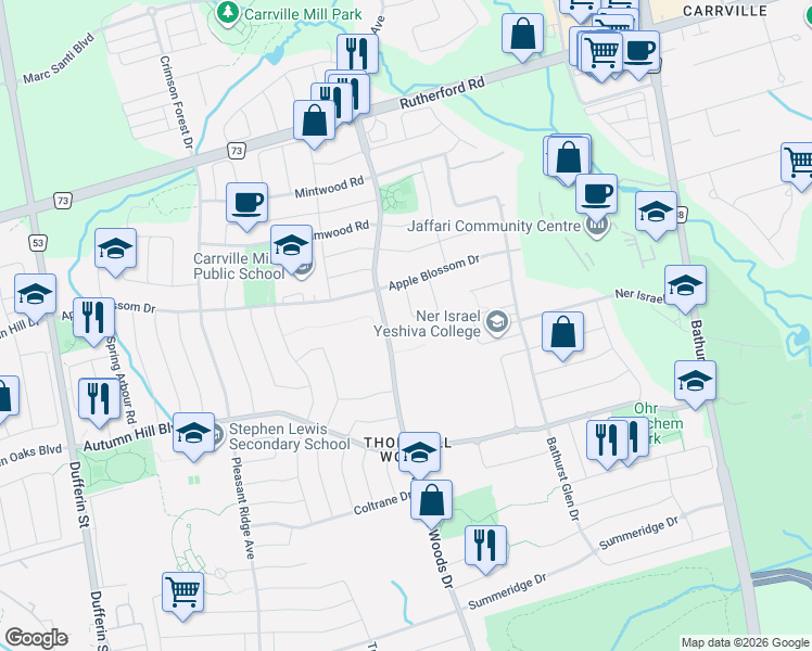 map of restaurants, bars, coffee shops, grocery stores, and more near 67 Bristlewood Crescent in Vaughan