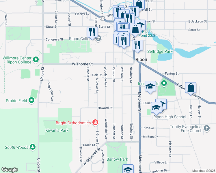 map of restaurants, bars, coffee shops, grocery stores, and more near 632 Ransom Street in Ripon