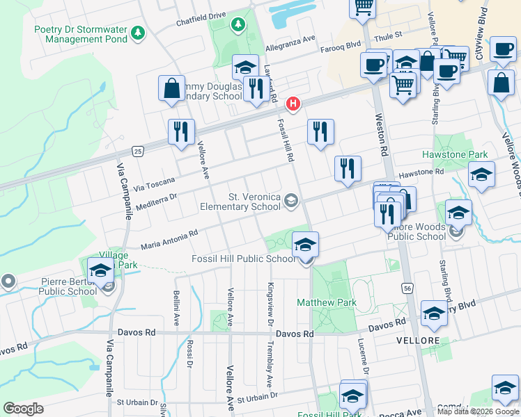 map of restaurants, bars, coffee shops, grocery stores, and more near 191 Kingsview Drive in Vaughan