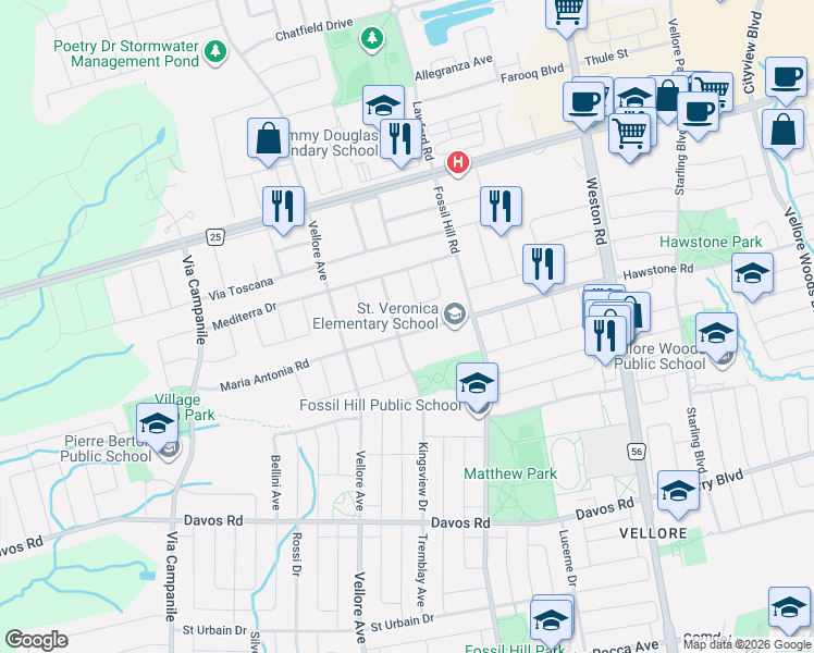 map of restaurants, bars, coffee shops, grocery stores, and more near 208 Maria Antonia Road in Vaughan