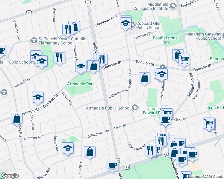 map of restaurants, bars, coffee shops, grocery stores, and more near 52 Terrosa Road in Markham