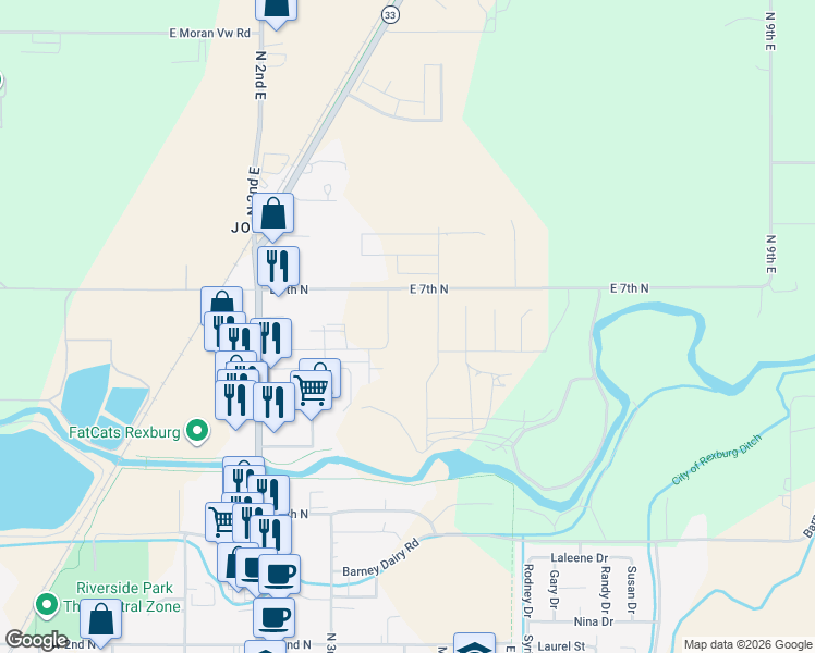 map of restaurants, bars, coffee shops, grocery stores, and more near 420 East 7th North in Rexburg