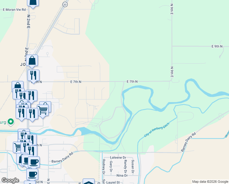 map of restaurants, bars, coffee shops, grocery stores, and more near 650 Tanglewood Drive in Rexburg