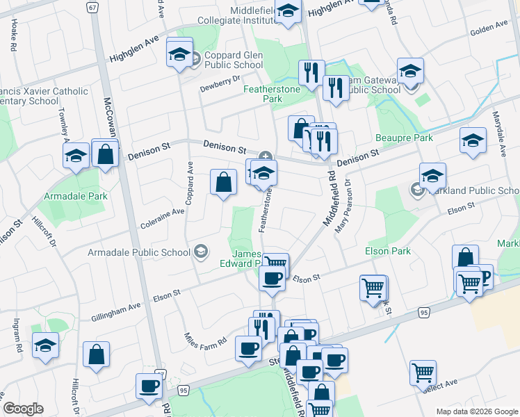 map of restaurants, bars, coffee shops, grocery stores, and more near 38 Featherstone Avenue in Markham