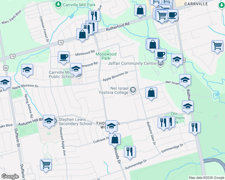 map of restaurants, bars, coffee shops, grocery stores, and more near 55 Bristlewood Crescent in Vaughan