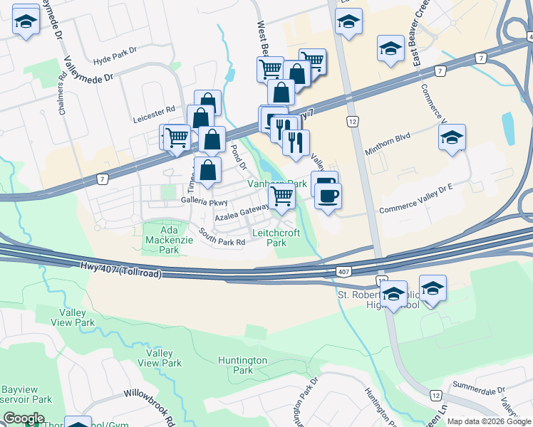 map of restaurants, bars, coffee shops, grocery stores, and more near 26 Pond Drive in Markham