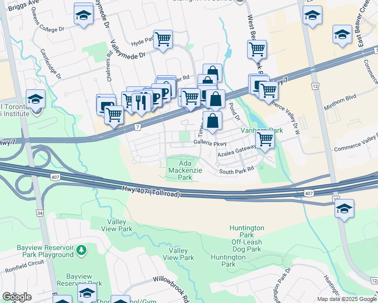 map of restaurants, bars, coffee shops, grocery stores, and more near 39 Galleria Parkway in Markham