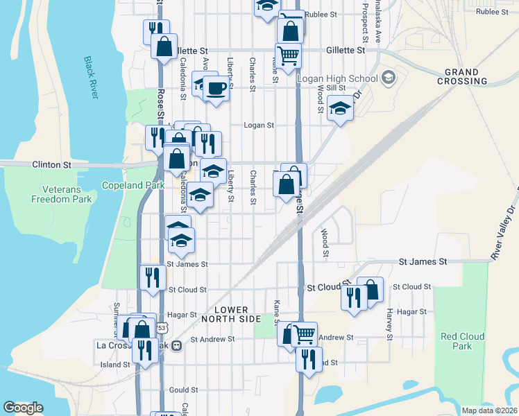 map of restaurants, bars, coffee shops, grocery stores, and more near 1012 Windsor Street in La Crosse
