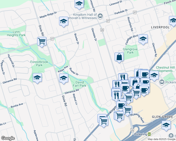 map of restaurants, bars, coffee shops, grocery stores, and more near 1876 Bicroft Court in Pickering