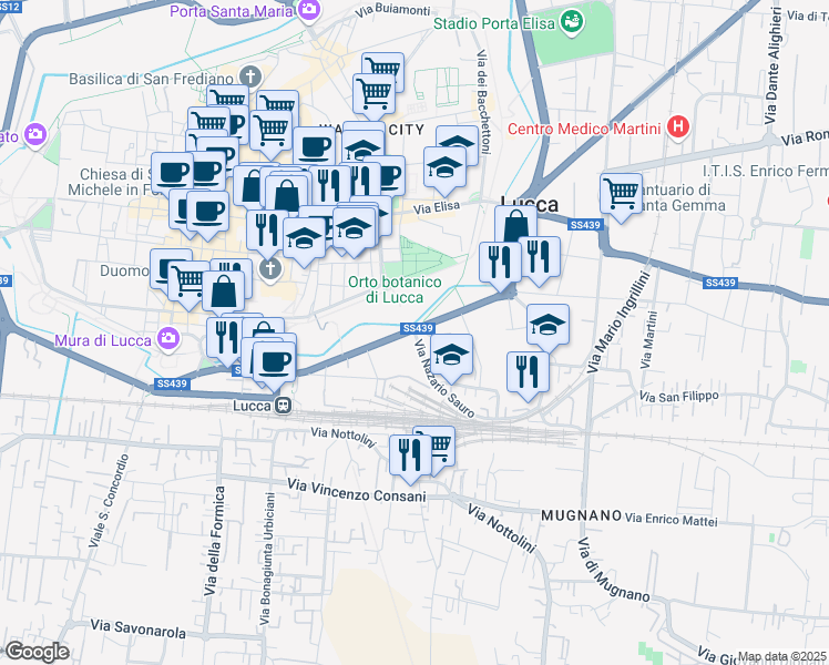 map of restaurants, bars, coffee shops, grocery stores, and more near 118 Via Nazario Sauro in San Concordio di Moriano