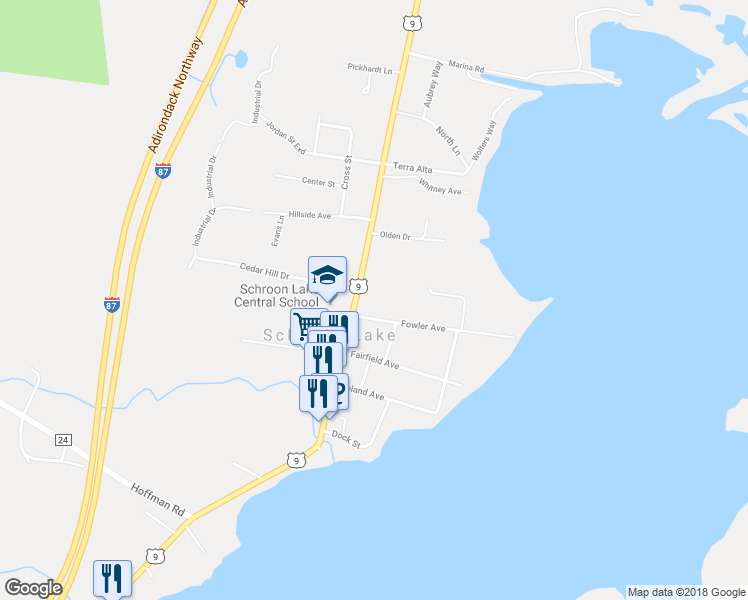 map of restaurants, bars, coffee shops, grocery stores, and more near 1132 U.S. 9 in Schroon Lake