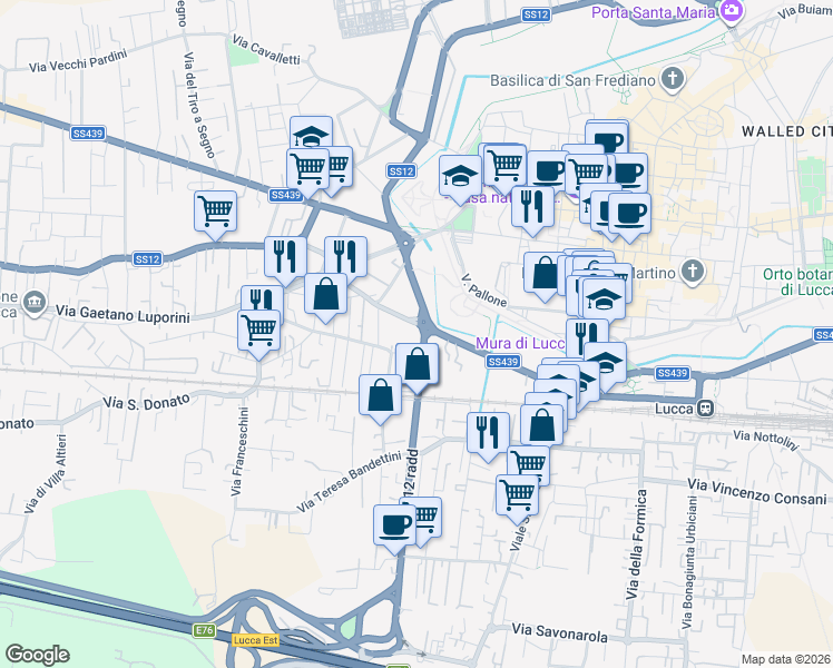map of restaurants, bars, coffee shops, grocery stores, and more near in Lucca