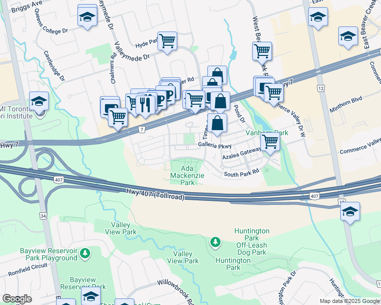 map of restaurants, bars, coffee shops, grocery stores, and more near 39 Galleria Parkway in Markham