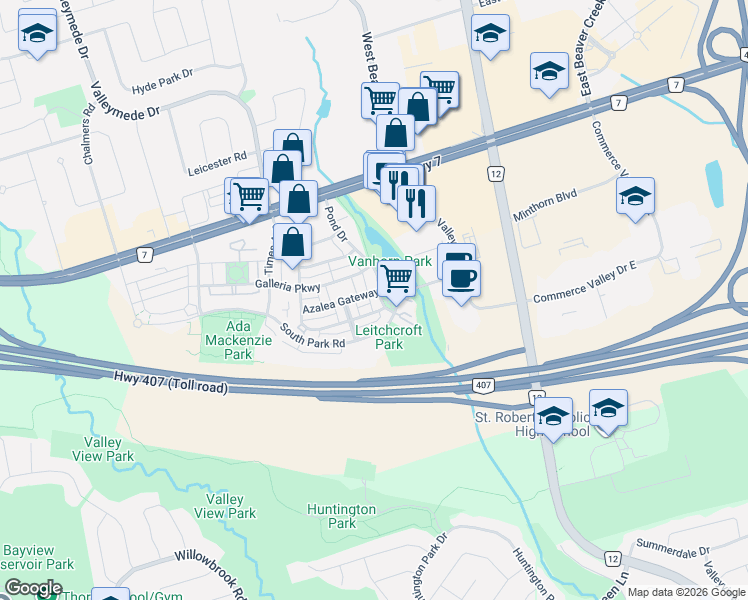 map of restaurants, bars, coffee shops, grocery stores, and more near 10 Leitchcroft Crescent in Markham