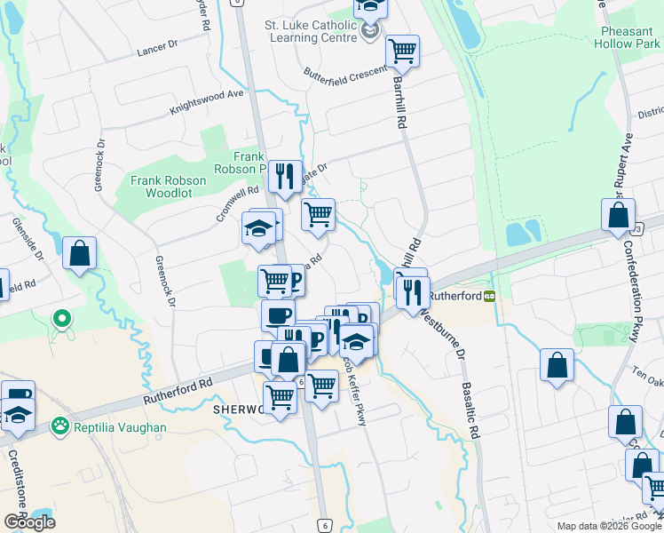map of restaurants, bars, coffee shops, grocery stores, and more near 71 Links Road in Vaughan
