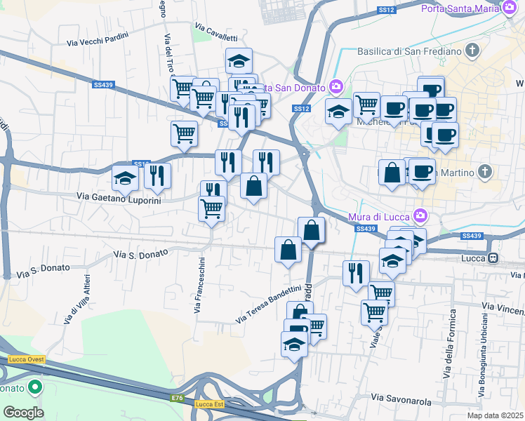 map of restaurants, bars, coffee shops, grocery stores, and more near Via Parenti in Lucca