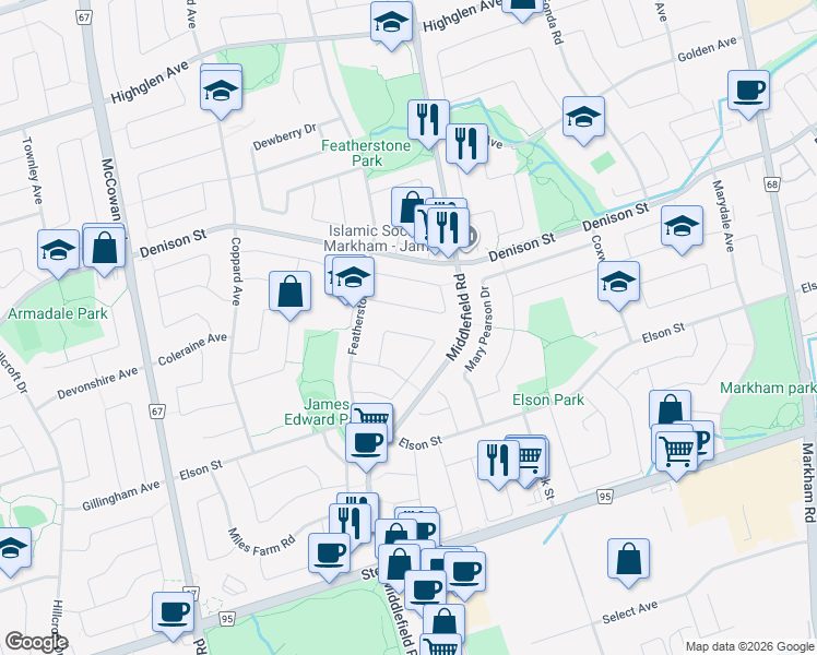 map of restaurants, bars, coffee shops, grocery stores, and more near in Markham