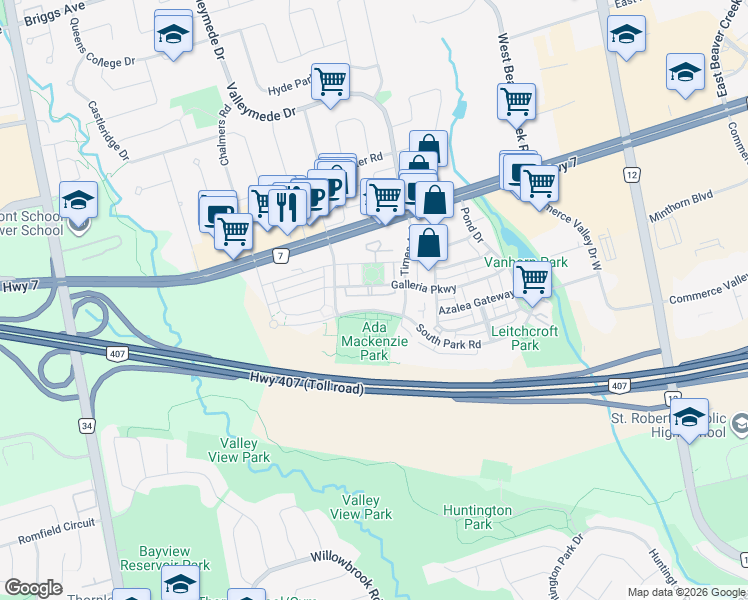 map of restaurants, bars, coffee shops, grocery stores, and more near 39 Galleria Parkway in Markham