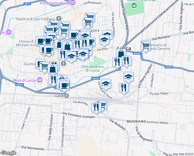 map of restaurants, bars, coffee shops, grocery stores, and more near 118 Via Nazario Sauro in Lucca