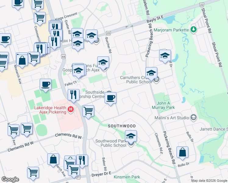 map of restaurants, bars, coffee shops, grocery stores, and more near 138 Burcher Road in Ajax