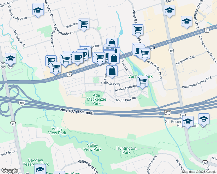 map of restaurants, bars, coffee shops, grocery stores, and more near 25 Times Avenue in Markham