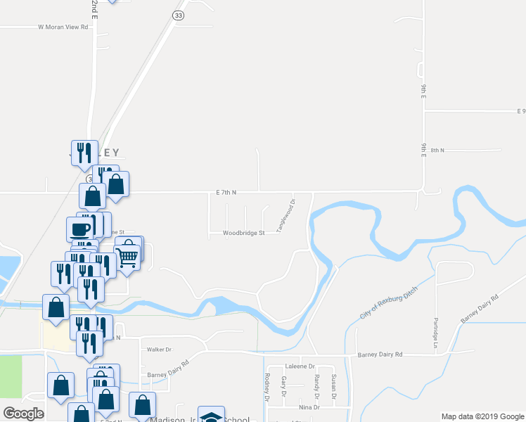 map of restaurants, bars, coffee shops, grocery stores, and more near 650 Canyon Springs Drive in Rexburg