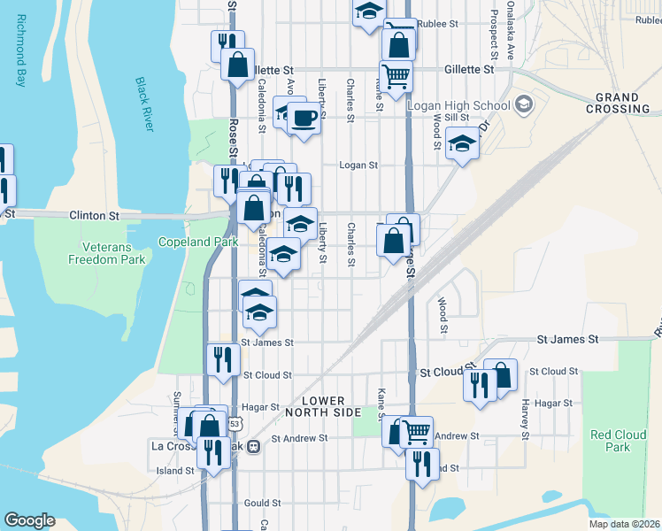 map of restaurants, bars, coffee shops, grocery stores, and more near 1032 Liberty Street in La Crosse