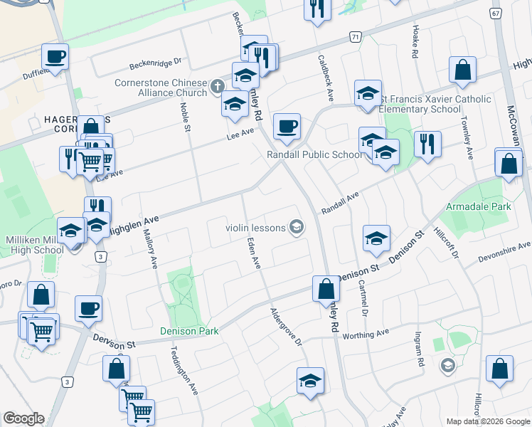 map of restaurants, bars, coffee shops, grocery stores, and more near Finchley Circle in Markham