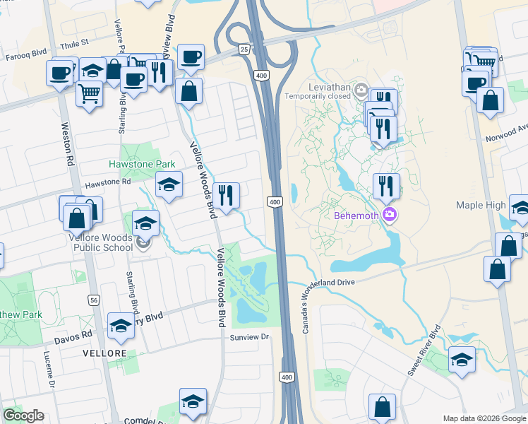 map of restaurants, bars, coffee shops, grocery stores, and more near Wildberry Crescent in Vaughan