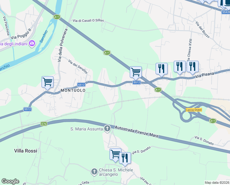 map of restaurants, bars, coffee shops, grocery stores, and more near 4058/D Via di S.Donato in Lucca