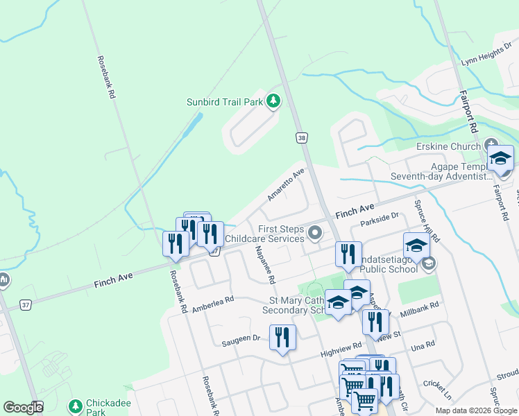 map of restaurants, bars, coffee shops, grocery stores, and more near Amaretto Avenue in Pickering
