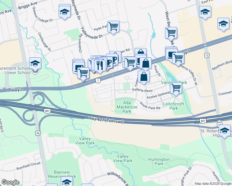 map of restaurants, bars, coffee shops, grocery stores, and more near 19 Saddlecreek Drive in Markham