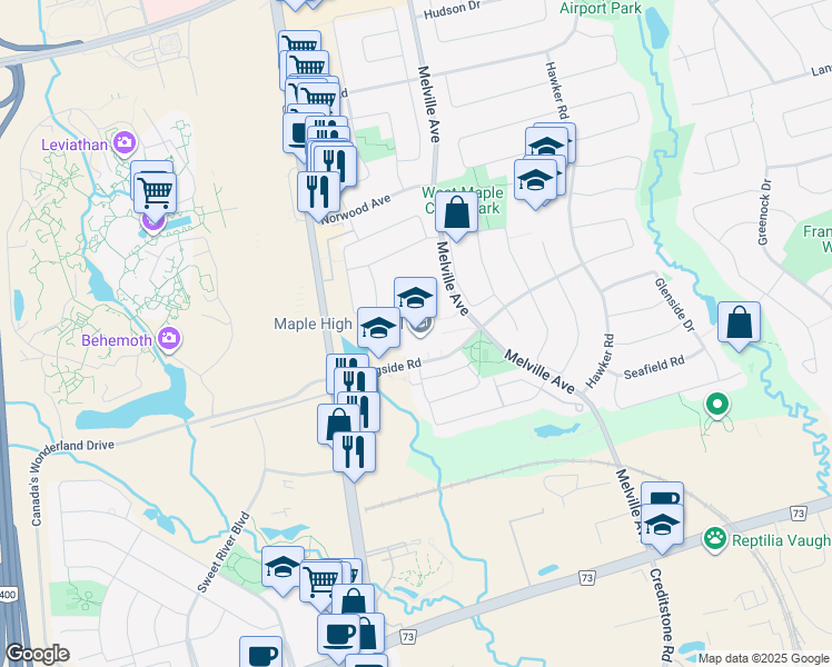 map of restaurants, bars, coffee shops, grocery stores, and more near 50 Springside Road in Vaughan