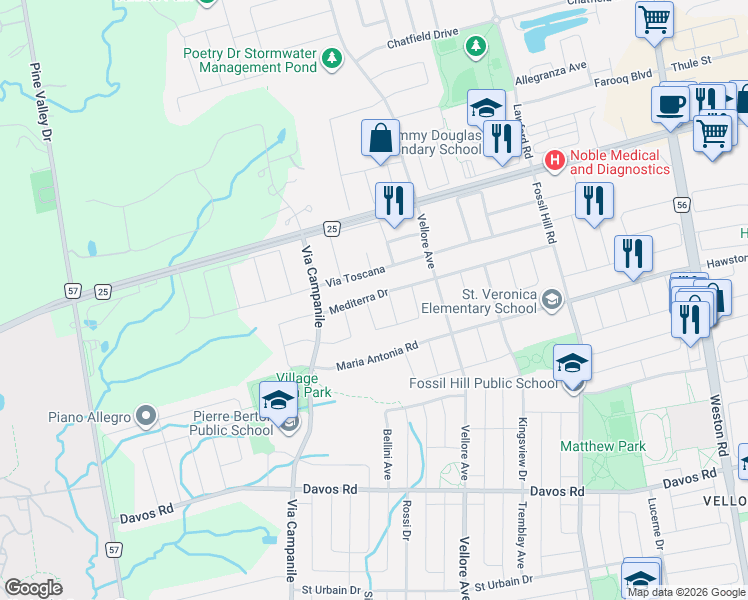map of restaurants, bars, coffee shops, grocery stores, and more near 96 Isernia Crescent in Vaughan