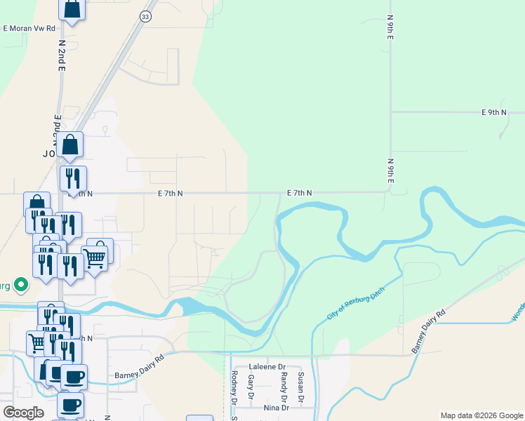 map of restaurants, bars, coffee shops, grocery stores, and more near 650 Tanglewood Drive in Rexburg