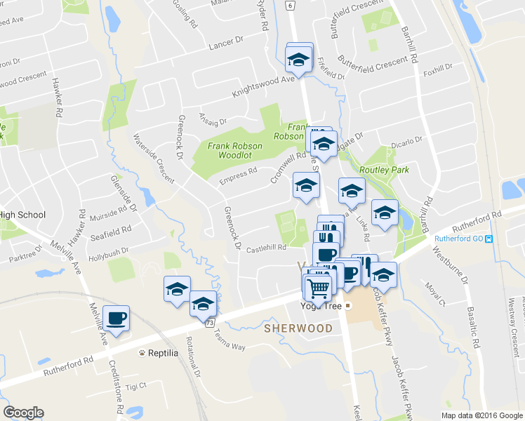 map of restaurants, bars, coffee shops, grocery stores, and more near 101 Pentland Crescent in Vaughan