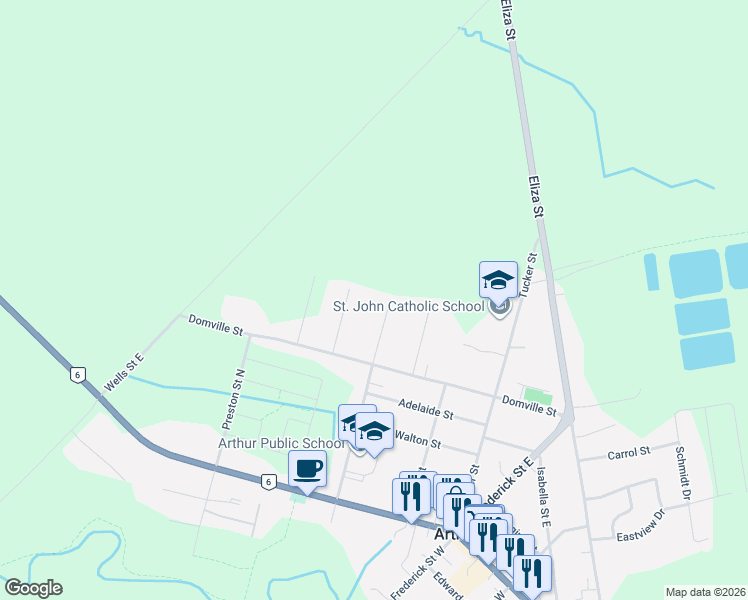 map of restaurants, bars, coffee shops, grocery stores, and more near 216 Conestoga Street North in Arthur