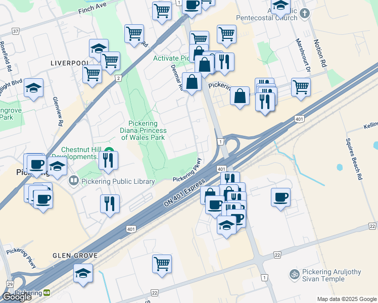 map of restaurants, bars, coffee shops, grocery stores, and more near 1671 Portland Court in Pickering